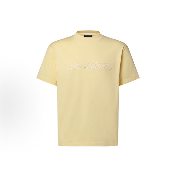 lv louis vuitton script embroidered crew neck short sleeve t-shirt